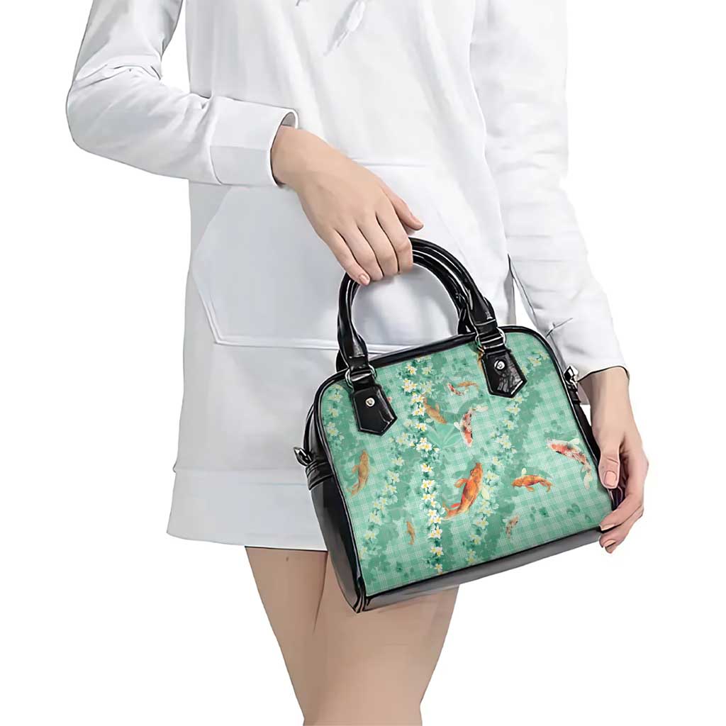 Green Palaka Hawaiian And Japanese Shoulder Handbag Sakura Lei With Koi Fish - Polynesian Pride