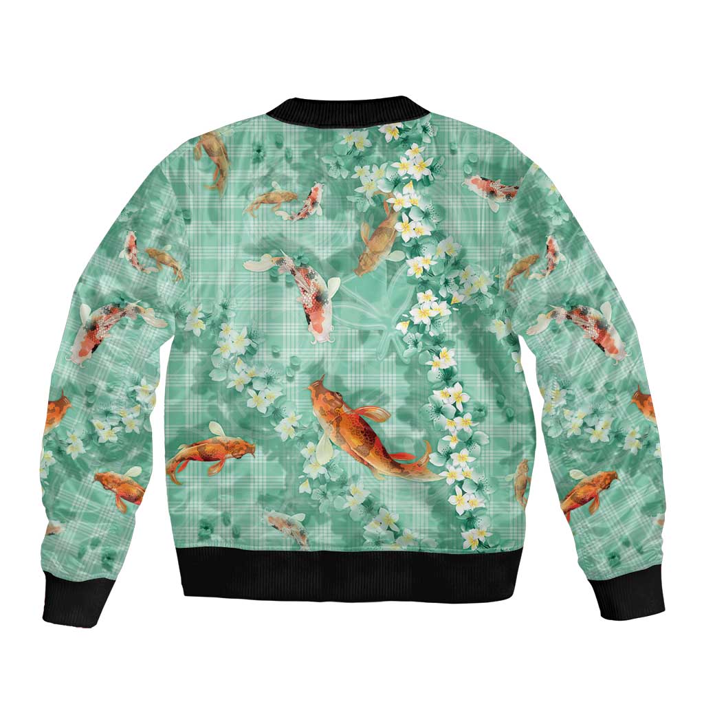 Green Palaka Hawaiian And Japanese Sleeve Zip Bomber Jacket Sakura Lei With Koi Fish - Polynesian Pride