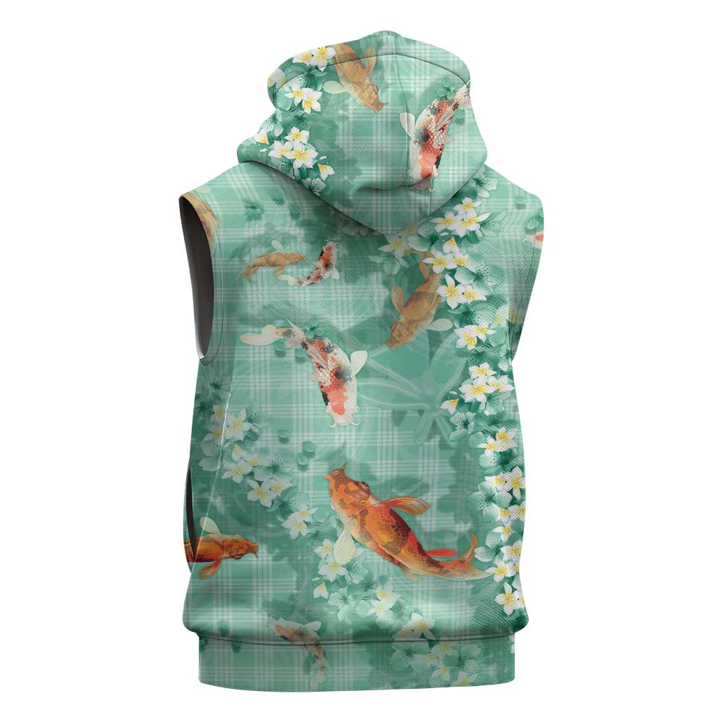 Green Palaka Hawaiian And Japanese Sleeveless Hoodie Sakura Lei With Koi Fish - Polynesian Pride