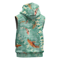 Green Palaka Hawaiian And Japanese Sleeveless Hoodie Sakura Lei With Koi Fish - Polynesian Pride