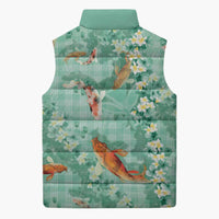 Green Palaka Hawaiian And Japanese Sleeveless Puffer Jacket Sakura Lei With Koi Fish - Polynesian Pride