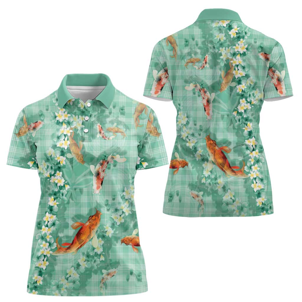 Green Palaka Hawaiian And Japanese Women Polo Shirt Sakura Lei With Koi Fish - Polynesian Pride