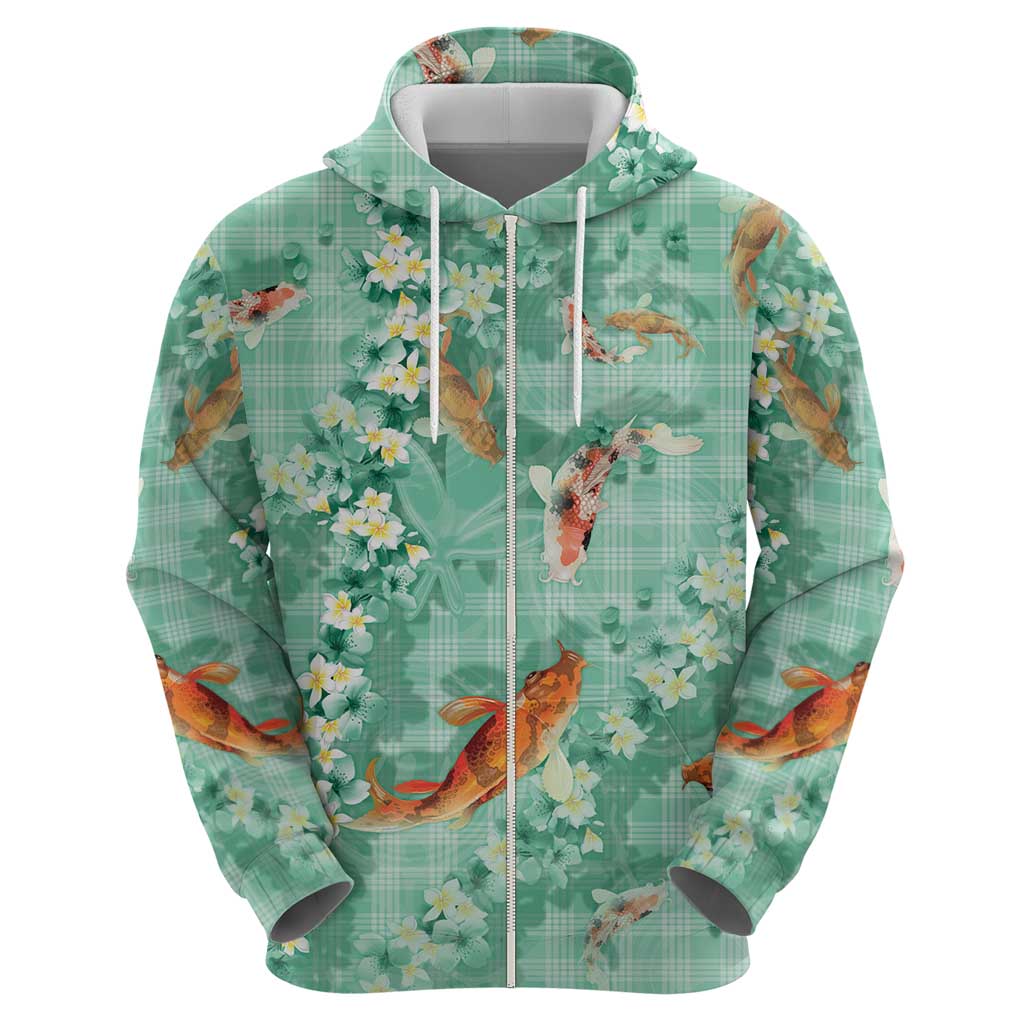 Green Palaka Hawaiian And Japanese Zip Hoodie Sakura Lei With Koi Fish - Polynesian Pride