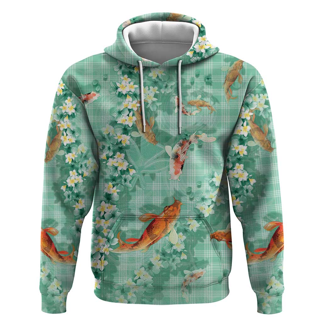 Green Palaka Hawaiian And Japanese Zip Hoodie Sakura Lei With Koi Fish - Polynesian Pride