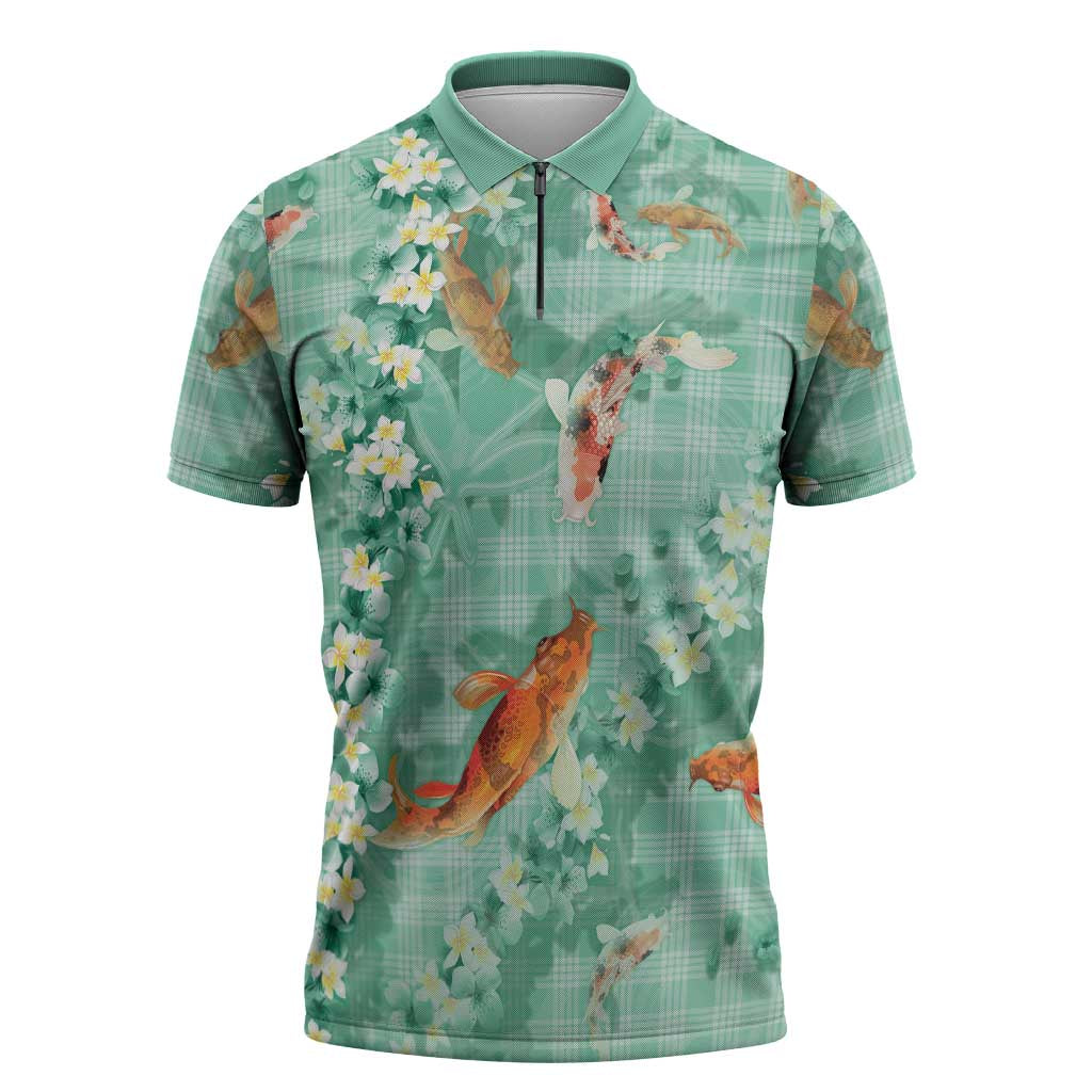 Green Palaka Hawaiian And Japanese Zipper Polo Shirt Sakura Lei With Koi Fish - Polynesian Pride