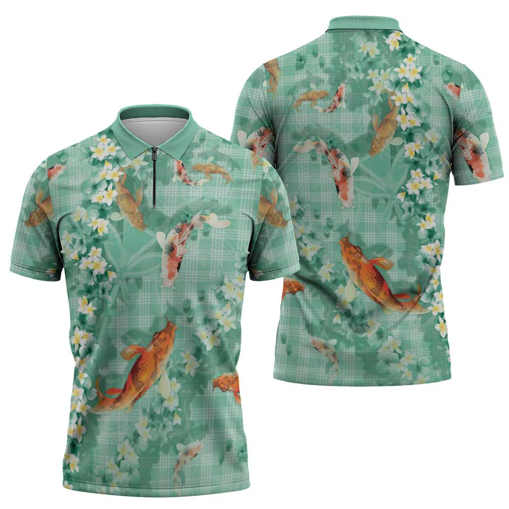 Green Palaka Hawaiian And Japanese Zipper Polo Shirt Sakura Lei With Koi Fish - Polynesian Pride