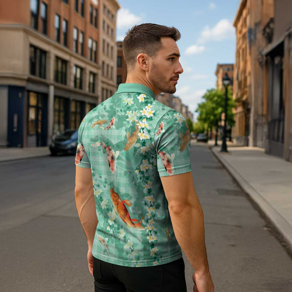 Green Palaka Hawaiian And Japanese Zipper Polo Shirt Sakura Lei With Koi Fish - Polynesian Pride