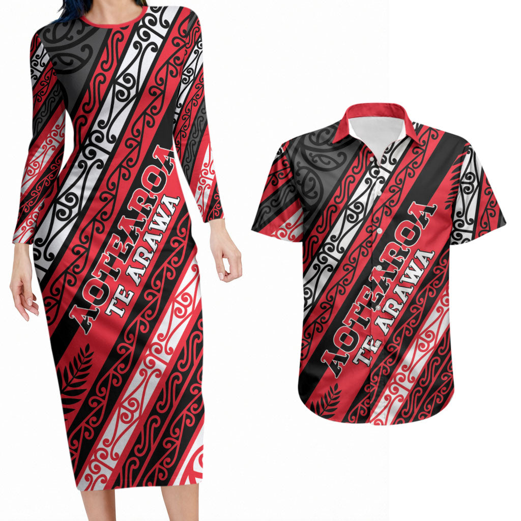 Personalised Aotearoa Te Arawa Couples Matching Long Sleeve Bodycon Dress and Hawaiian Shirt New Zealand Maori Tribal Fern Pattern