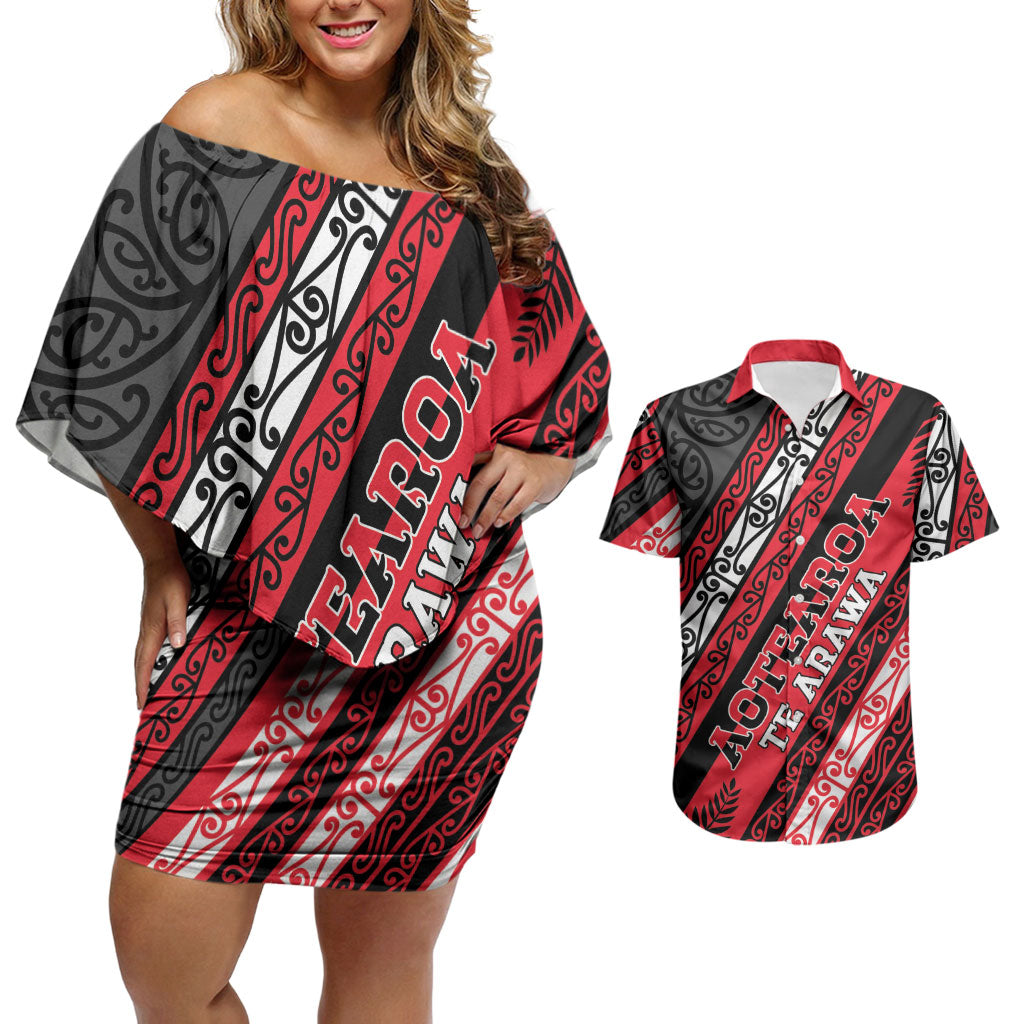 Personalised Aotearoa Te Arawa Couples Matching Off Shoulder Short Dress and Hawaiian Shirt New Zealand Maori Tribal Fern Pattern DT05 Red - Polynesian Pride