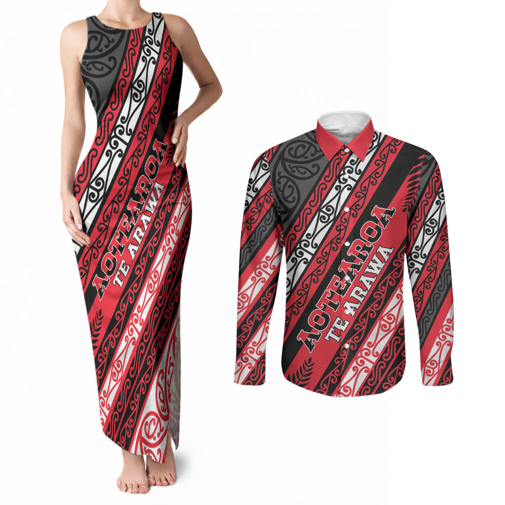Personalised Aotearoa Te Arawa Couples Matching Tank Maxi Dress and Long Sleeve Button Shirt New Zealand Maori Tribal Fern Pattern DT05 Red - Polynesian Pride