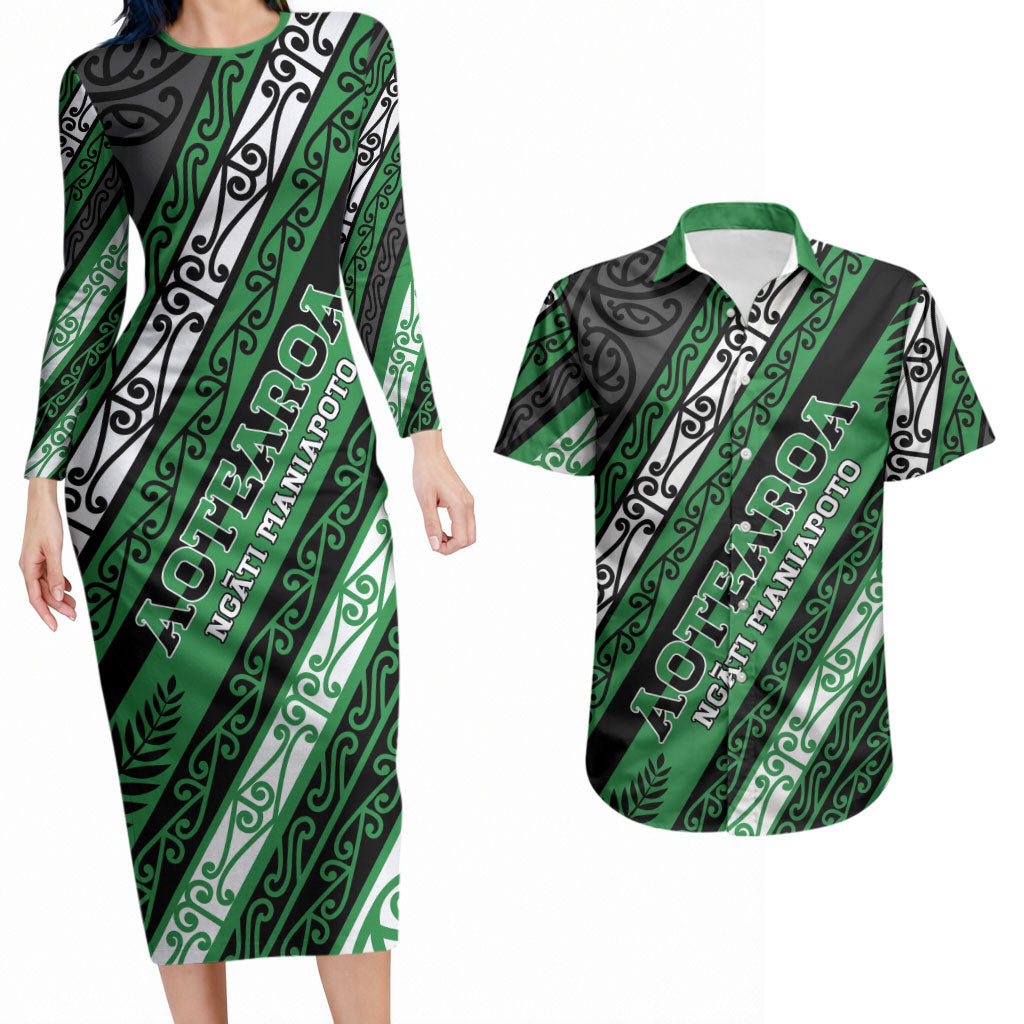 Personalised Aotearoa Ngati Maniapoto Couples Matching Long Sleeve Bodycon Dress and Hawaiian Shirt New Zealand Maori Tribal Fern Pattern DT05 Green - Polynesian Pride
