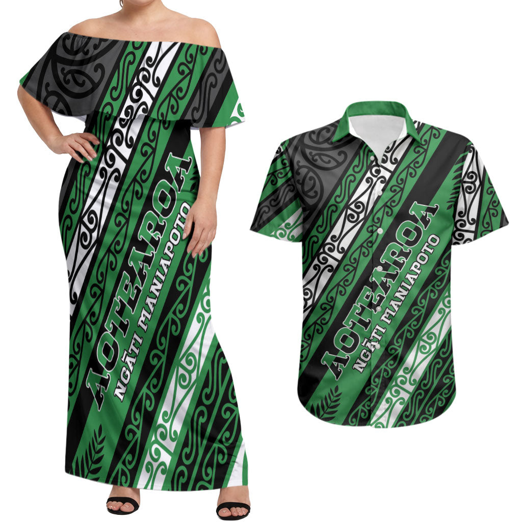 Personalised Aotearoa Ngati Maniapoto Couples Matching Off Shoulder Maxi Dress and Hawaiian Shirt New Zealand Maori Tribal Fern Pattern DT05 Green - Polynesian Pride