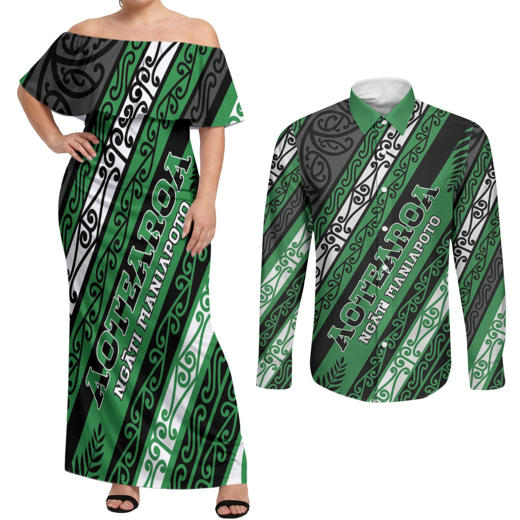 Personalised Aotearoa Ngati Maniapoto Couples Matching Off Shoulder Maxi Dress and Long Sleeve Button Shirt New Zealand Maori Tribal Fern Pattern