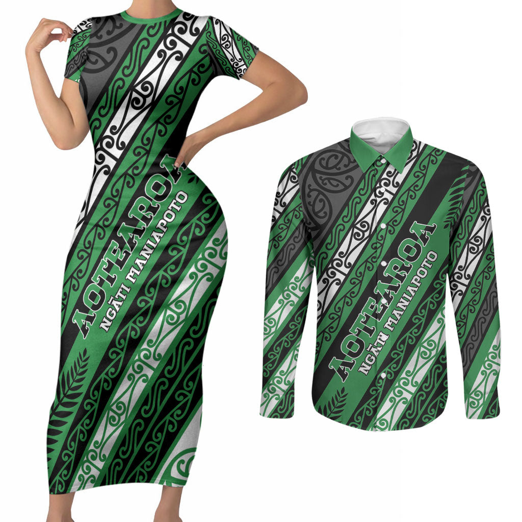 Personalised Aotearoa Ngati Maniapoto Couples Matching Short Sleeve Bodycon Dress and Long Sleeve Button Shirt New Zealand Maori Tribal Fern Pattern DT05 Green - Polynesian Pride