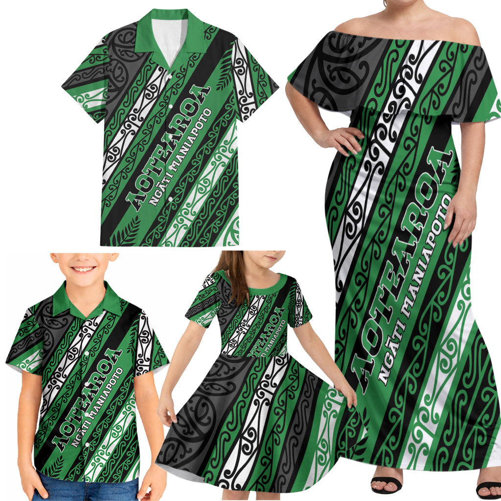 Personalised Aotearoa Ngati Maniapoto Family Matching Off Shoulder Maxi Dress and Hawaiian Shirt New Zealand Maori Tribal Fern Pattern