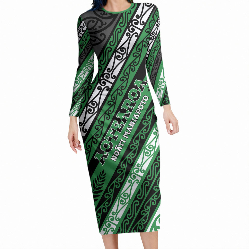 Personalised Aotearoa Ngati Maniapoto Long Sleeve Bodycon Dress New Zealand Maori Tribal Fern Pattern
