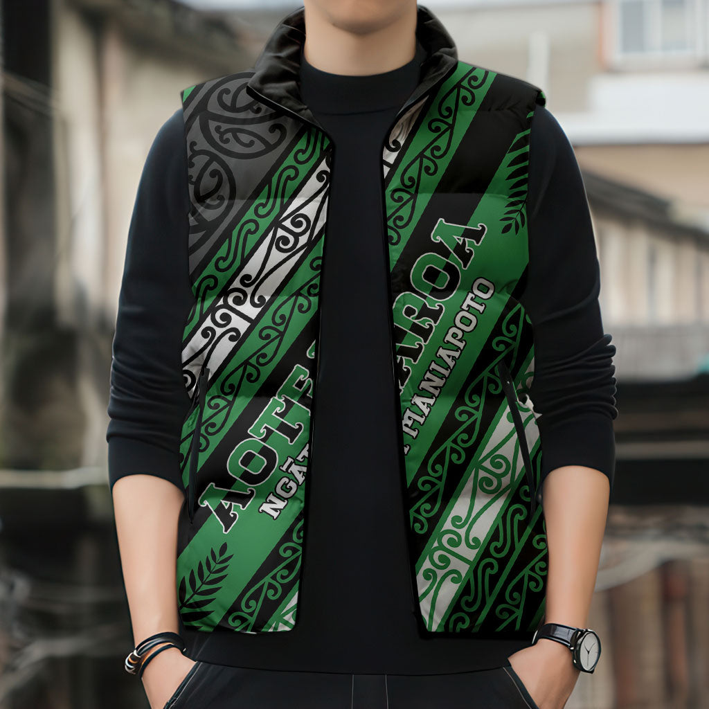 Personalised Aotearoa Ngati Maniapoto Sleeveless Puffer Jacket New Zealand Maori Tribal Fern Pattern