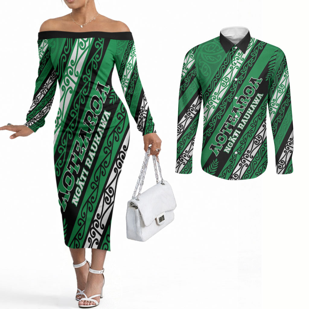Personalised Aotearoa Ngati Raukawa Couples Matching Off The Shoulder Long Sleeve Dress and Long Sleeve Button Shirt New Zealand Maori Tribal Fern Pattern DT05 Green - Polynesian Pride
