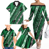Personalised Aotearoa Ngati Raukawa Family Matching Off The Shoulder Long Sleeve Dress and Hawaiian Shirt New Zealand Maori Tribal Fern Pattern