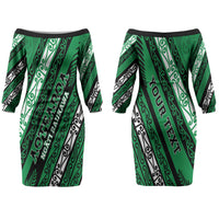 Personalised Aotearoa Ngati Raukawa Family Matching Off The Shoulder Long Sleeve Dress and Hawaiian Shirt New Zealand Maori Tribal Fern Pattern