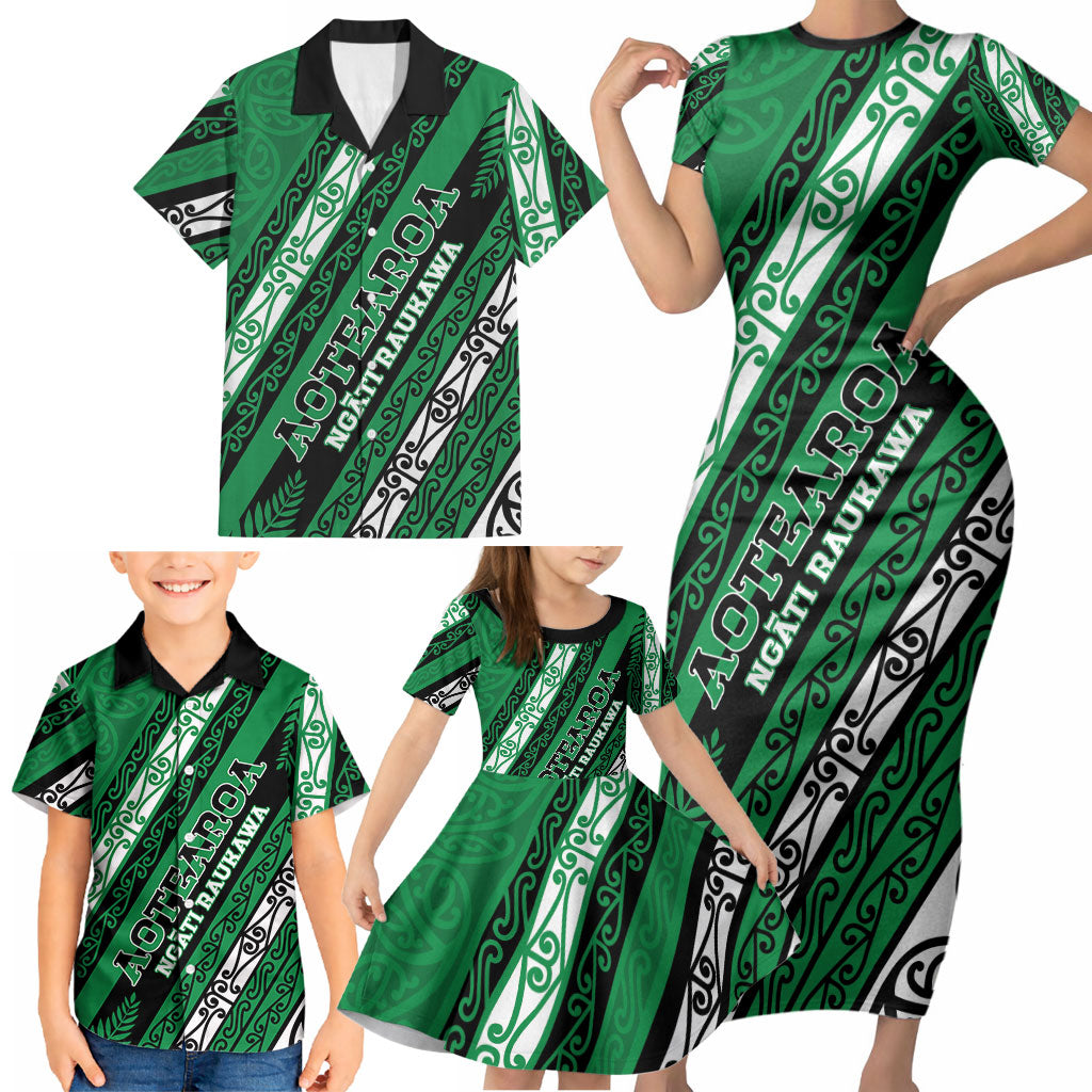 Personalised Aotearoa Ngati Raukawa Family Matching Short Sleeve Bodycon Dress and Hawaiian Shirt New Zealand Maori Tribal Fern Pattern DT05 - Polynesian Pride