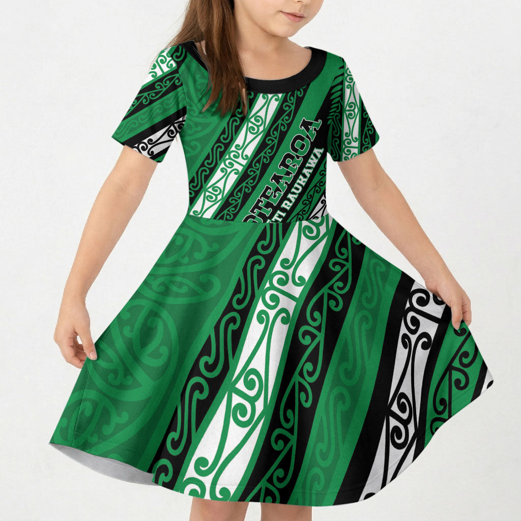 Personalised Aotearoa Ngati Raukawa Kid Short Sleeve Dress New Zealand Maori Tribal Fern Pattern DT05 KID Green - Polynesian Pride