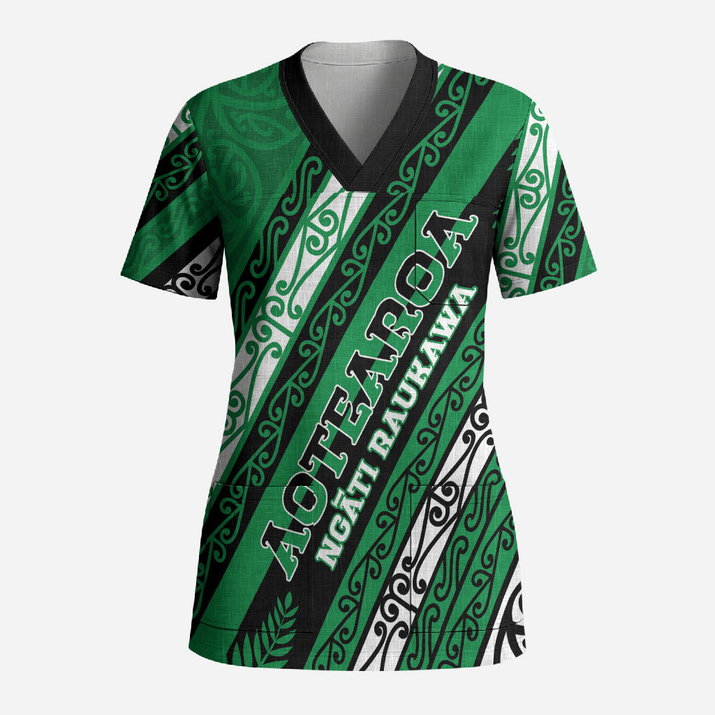 Personalised Aotearoa Ngati Raukawa Scrub Top New Zealand Maori Tribal Fern Pattern DT05 Adult Green - Polynesian Pride