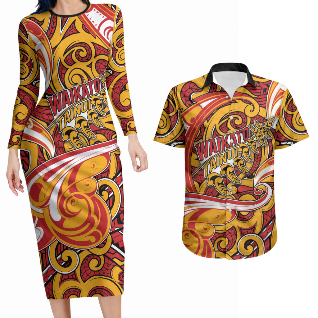 Custom Aotearoa Waikato Tainui Couples Matching Long Sleeve Bodycon Dress and Hawaiian Shirt Maori Tribal Pattern Koru Motif DT05 Yellow - Polynesian Pride