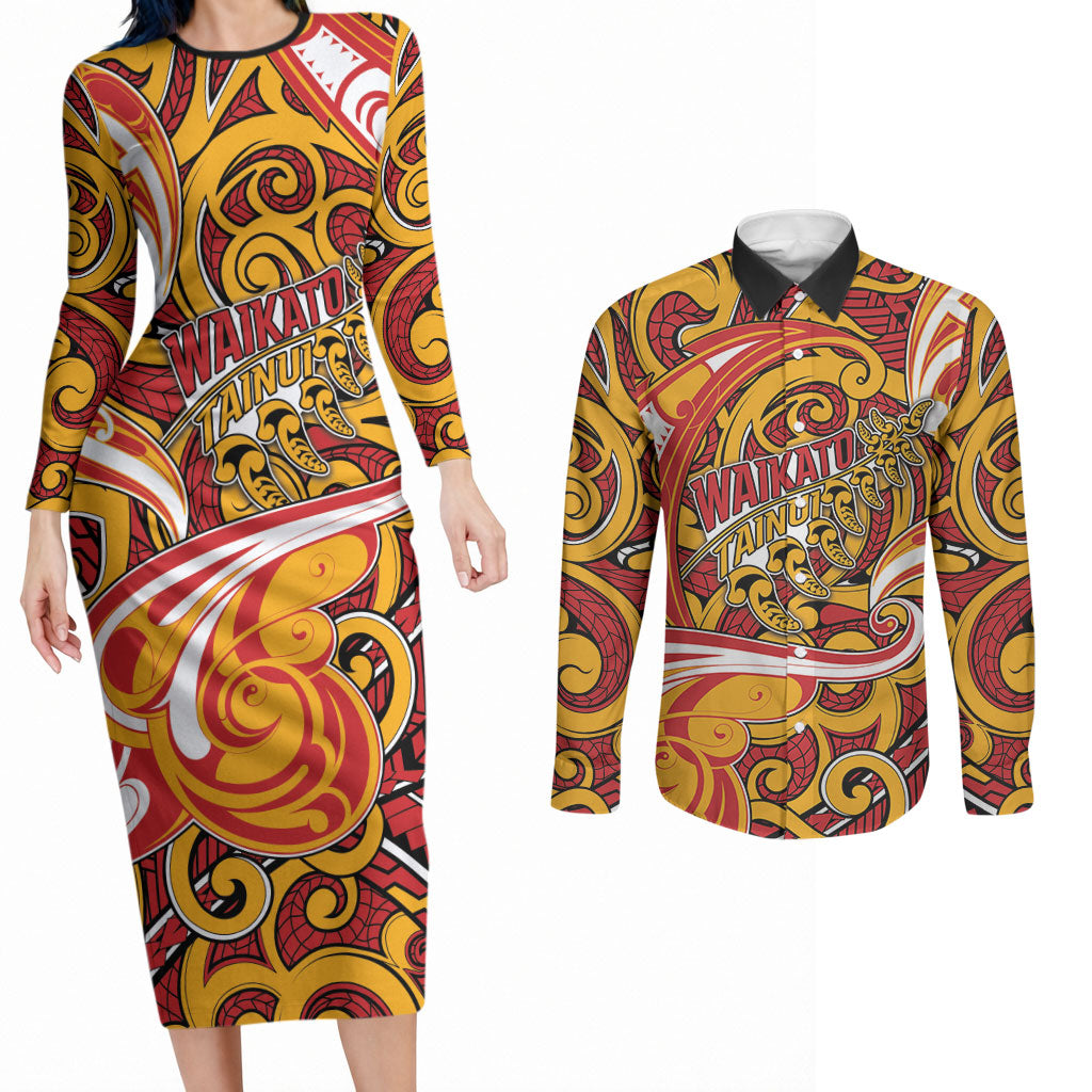 Custom Aotearoa Waikato Tainui Couples Matching Long Sleeve Bodycon Dress and Long Sleeve Button Shirt Maori Tribal Pattern Koru Motif DT05 Yellow - Polynesian Pride