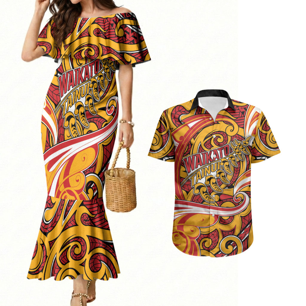 Custom Aotearoa Waikato Tainui Couples Matching Mermaid Dress and Hawaiian Shirt Maori Tribal Pattern Koru Motif DT05 Yellow - Polynesian Pride
