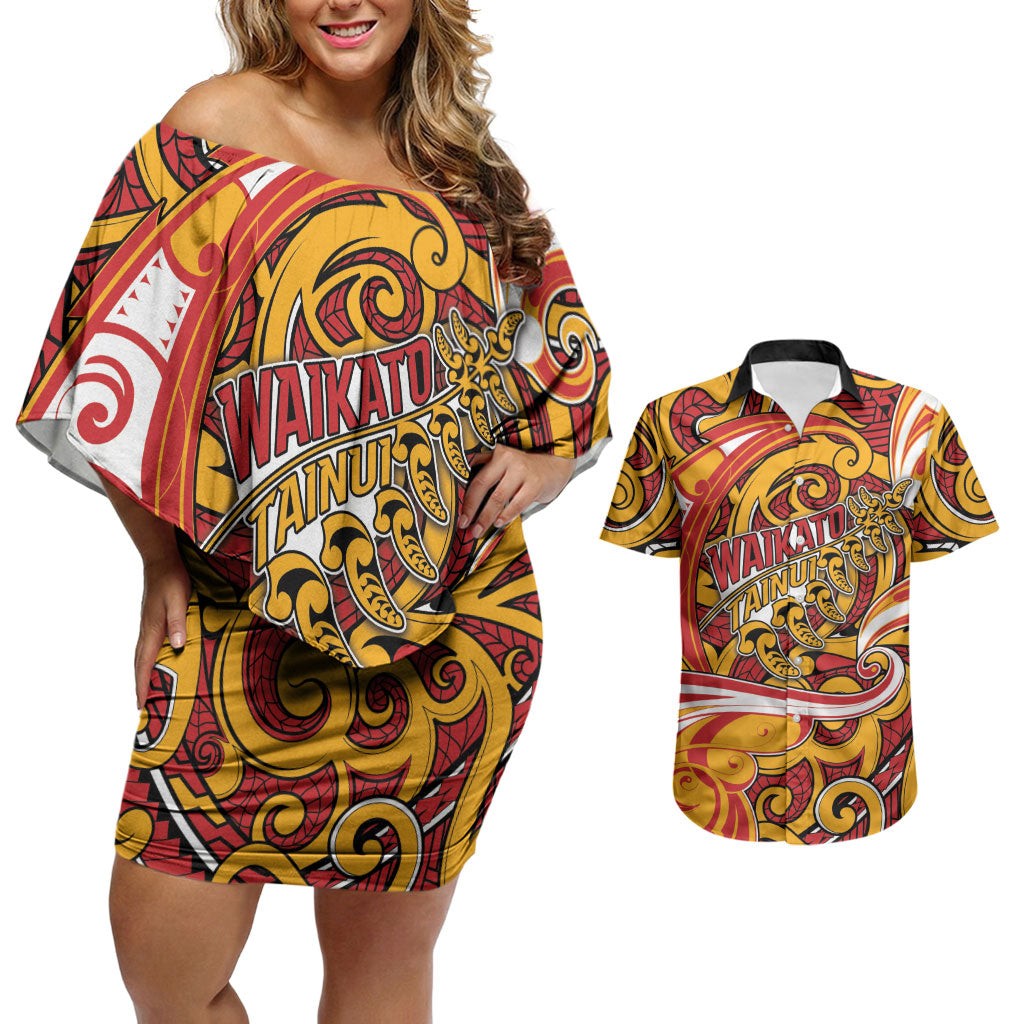 Custom Aotearoa Waikato Tainui Couples Matching Off Shoulder Short Dress and Hawaiian Shirt Maori Tribal Pattern Koru Motif DT05 Yellow - Polynesian Pride