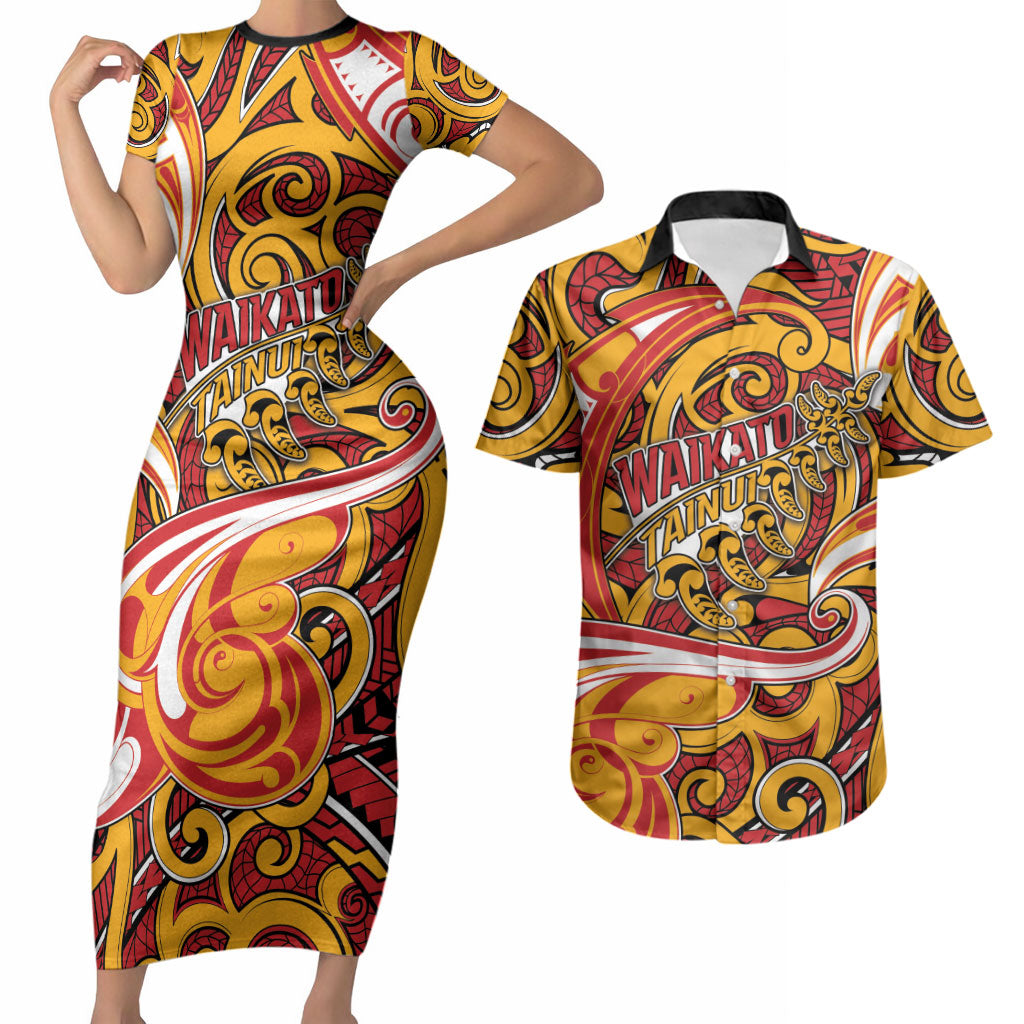 Custom Aotearoa Waikato Tainui Couples Matching Short Sleeve Bodycon Dress and Hawaiian Shirt Maori Tribal Pattern Koru Motif DT05 Yellow - Polynesian Pride