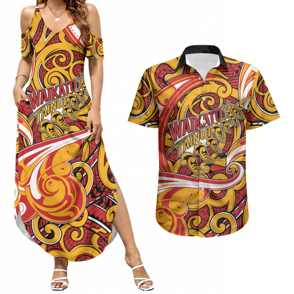Custom Aotearoa Waikato Tainui Couples Matching Summer Maxi Dress and Hawaiian Shirt Maori Tribal Pattern Koru Motif DT05 Yellow - Polynesian Pride