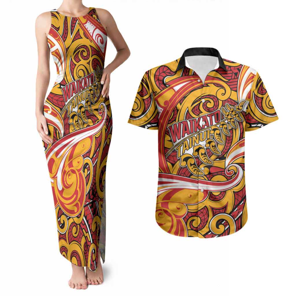 Custom Aotearoa Waikato Tainui Couples Matching Tank Maxi Dress and Hawaiian Shirt Maori Tribal Pattern Koru Motif DT05 Yellow - Polynesian Pride