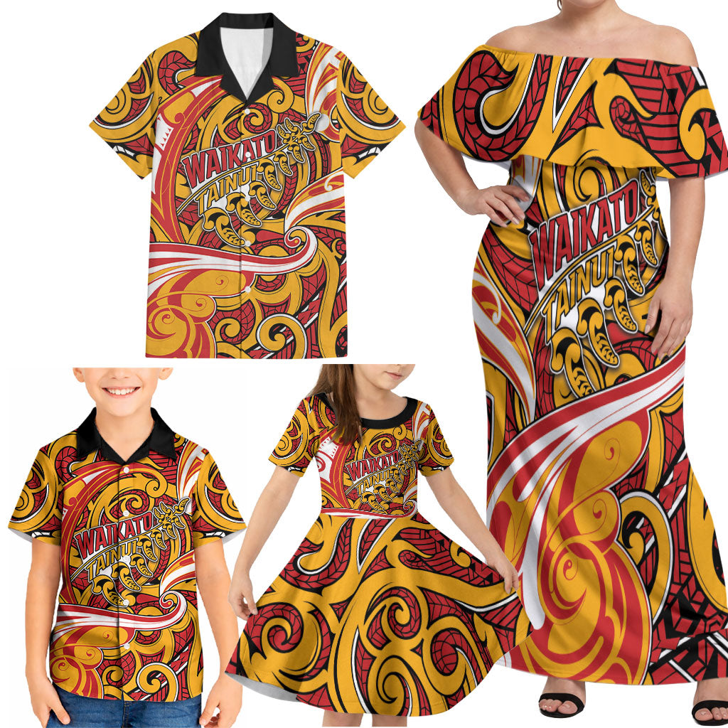 Custom Aotearoa Waikato Tainui Family Matching Off Shoulder Maxi Dress and Hawaiian Shirt Maori Tribal Pattern Koru Motif DT05 - Polynesian Pride