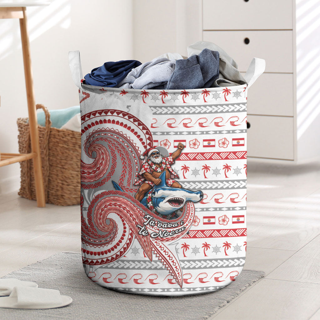 French Polynesian Christmas Laundry Basket Santa Riding Hammerhead Shark Tahitian DT05 White - Polynesian Pride