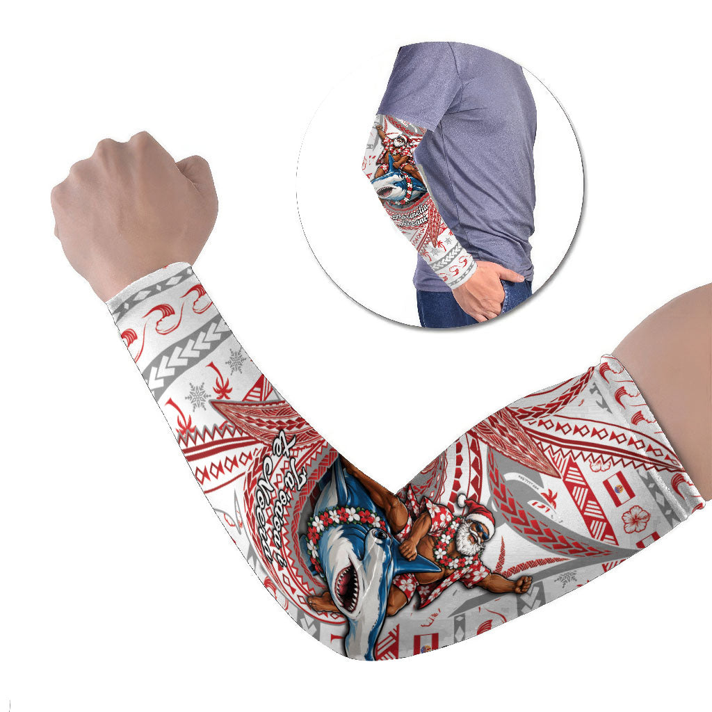 French Polynesian Christmas Arm Sleeves Santa Riding Hammerhead Shark Tahitian DT05 Set of 2 White - Polynesian Pride