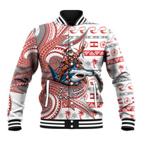 French Polynesian Christmas Baseball Jacket Santa Riding Hammerhead Shark Tahitian DT05 Unisex White - Polynesian Pride