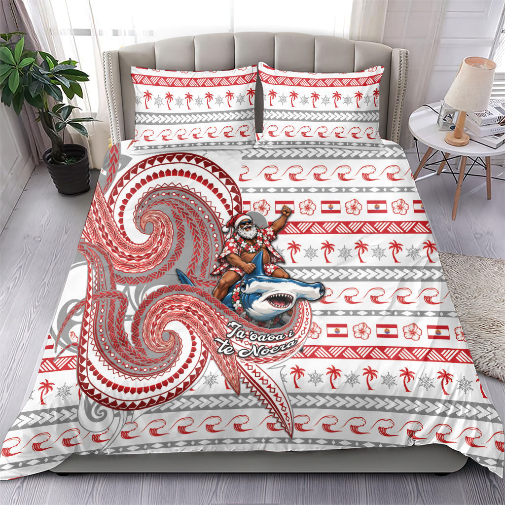 French Polynesian Christmas Bedding Set Santa Riding Hammerhead Shark Tahitian