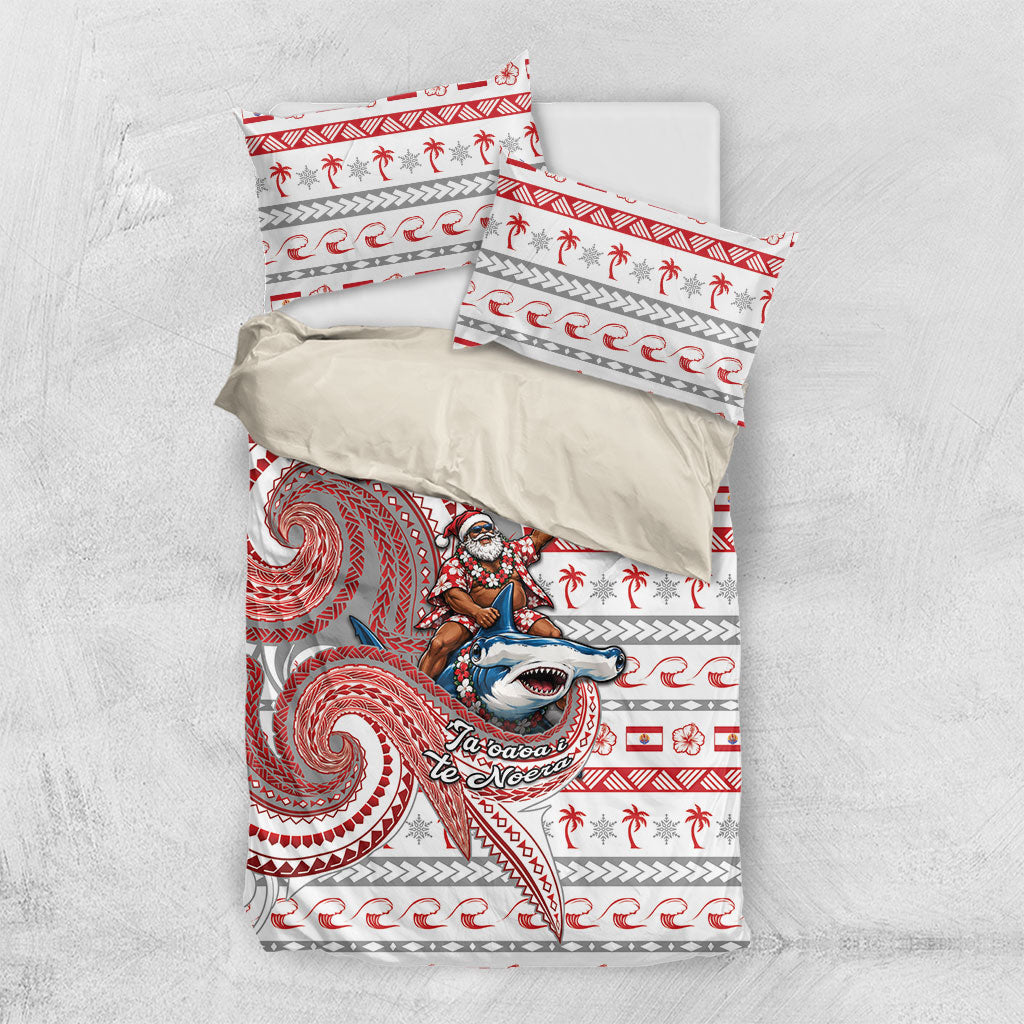French Polynesian Christmas Bedding Set Santa Riding Hammerhead Shark Tahitian