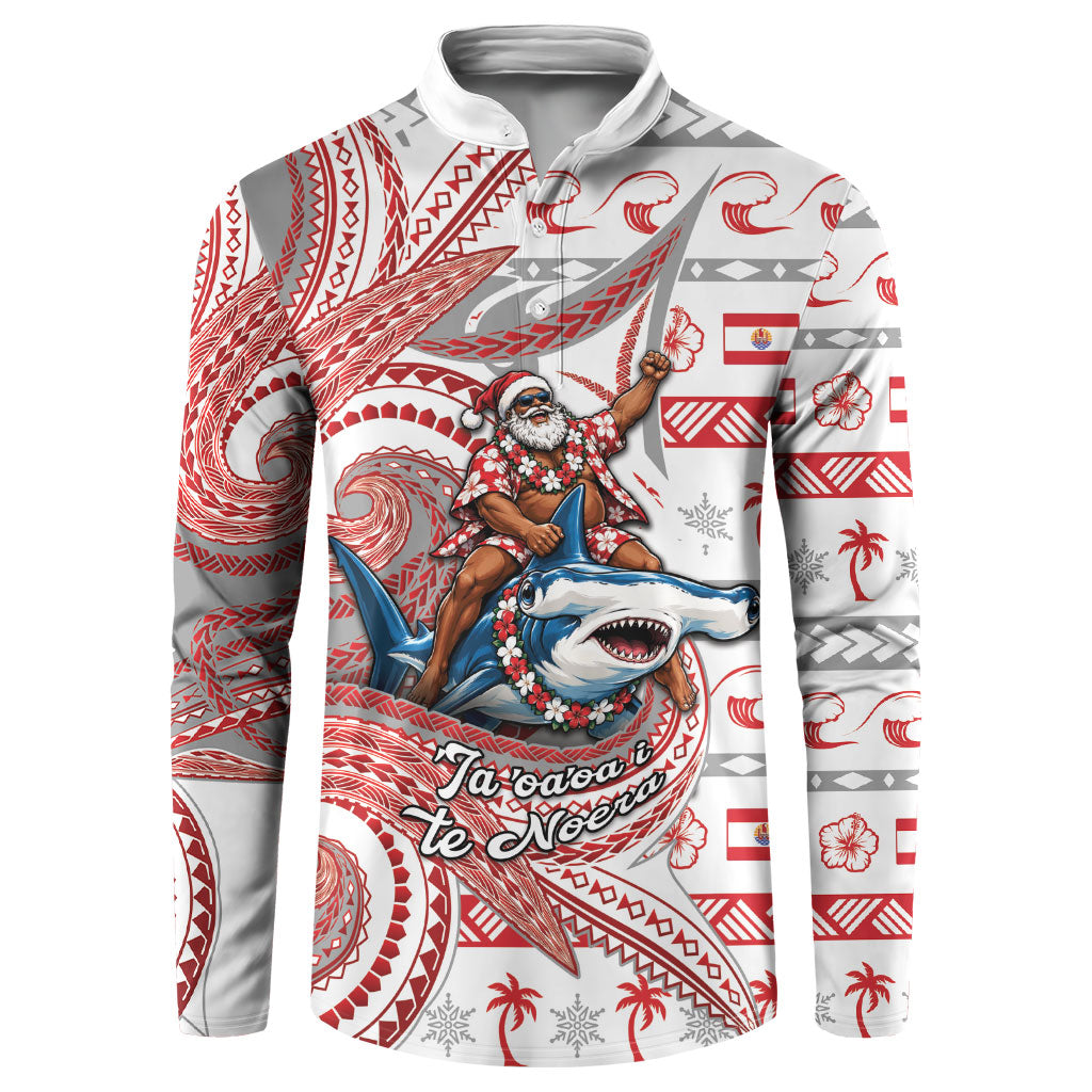 French Polynesian Christmas Button Sweatshirt Santa Riding Hammerhead Shark Tahitian