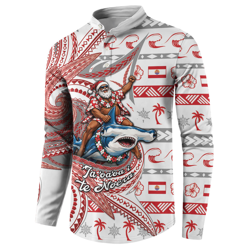 French Polynesian Christmas Button Sweatshirt Santa Riding Hammerhead Shark Tahitian