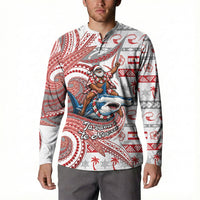 French Polynesian Christmas Button Sweatshirt Santa Riding Hammerhead Shark Tahitian