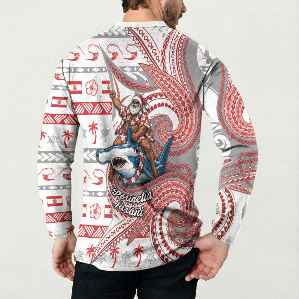 French Polynesian Christmas Button Sweatshirt Santa Riding Hammerhead Shark Tahitian