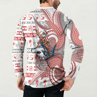 French Polynesian Christmas Button Sweatshirt Santa Riding Hammerhead Shark Tahitian