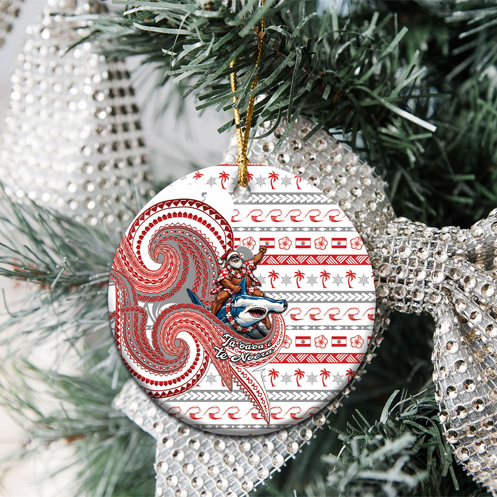 French Polynesian Christmas Ceramic Ornament Santa Riding Hammerhead Shark Tahitian DT05 - Polynesian Pride