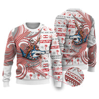 French Polynesian Christmas Ugly Christmas Sweater Santa Riding Hammerhead Shark Tahitian DT05 White - Polynesian Pride