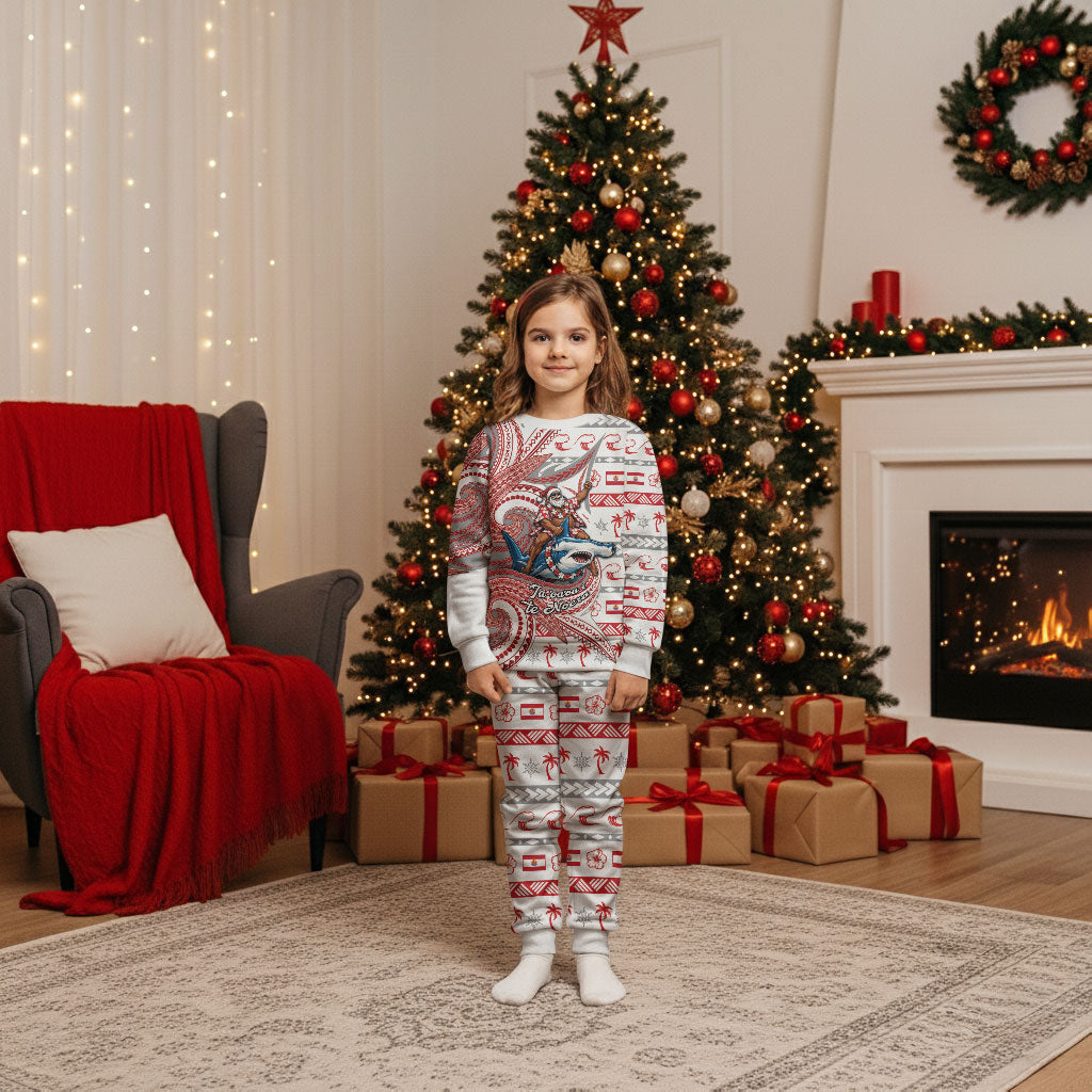 French Polynesian Christmas Pajama Set Santa Riding Hammerhead Shark Tahitian DT05 Kid White - Polynesian Pride