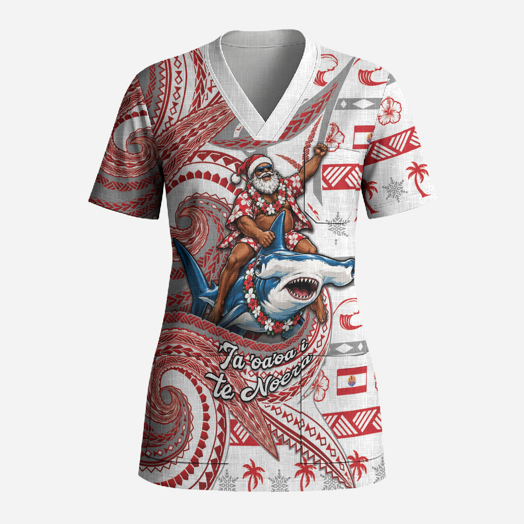 French Polynesian Christmas Scrub Top Santa Riding Hammerhead Shark Tahitian DT05 Adult White - Polynesian Pride