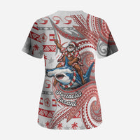 French Polynesian Christmas Scrub Top Santa Riding Hammerhead Shark Tahitian DT05 - Polynesian Pride